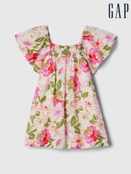 Gap Neutral Floral Smocked Print Flutter Sleeve Dress (12mths-5yrs) (B68696) | €17