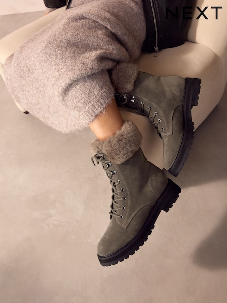 Grey Forever Comfort® Faux Fur Collared Lace-Up Boots (B68913) | AED152