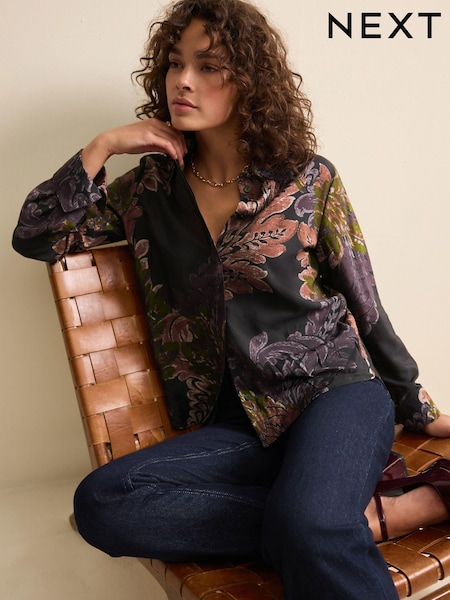 Black/Purple Paisley Print Long Sleeve Button Down Shirt (B68989) | €15