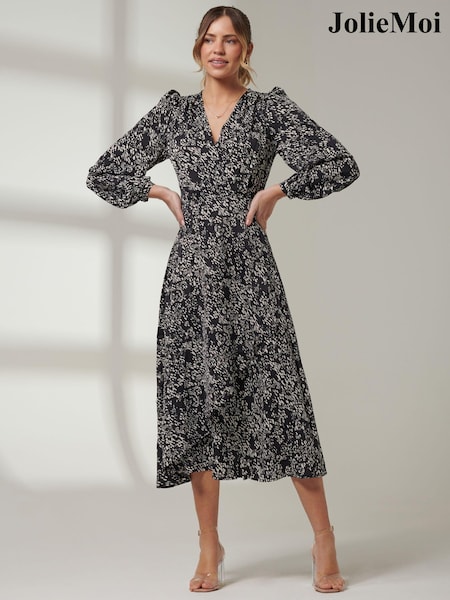 Jolie Moi Black V-Neck Wrap Front Midi Dress (B69073) | €51