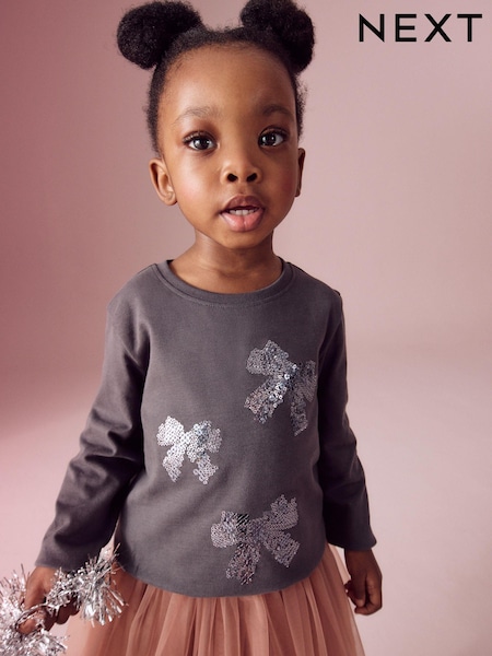 Charcoal Grey 100% Cotton Long Sleeve Bow Sequin T-Shirt (9mths-7yrs) (B69274) | €5 - €7