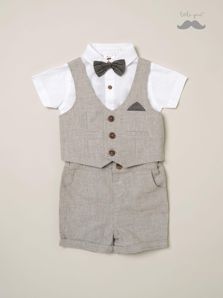Little Gent Grey Shirt Bodysuit Bowtie 100% Cotton Shirt, Waistcoat & Short Set (B69472) | AED122