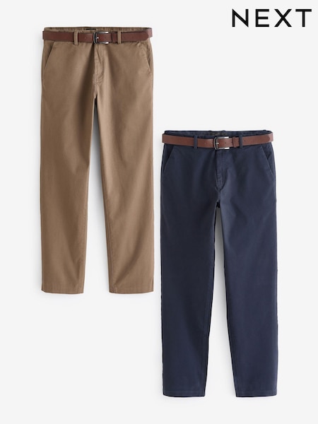 Navy Blue/Tan Brown Belted Soft Touch Chino Trousers 2 Pack (B69627) | €13
