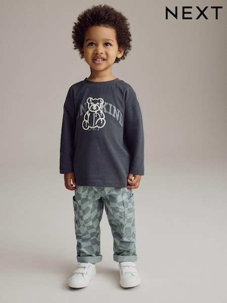 Blue Checkerboard Trousers and Long Sleeves 100% Cotton T-Shirts Set (3mths-7yrs) (B69747) | €13 - €16