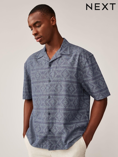 Blue Short Sleeve Navajo Style Printed Shirt with Cuban Collar (B69774) | AED76