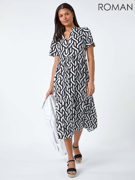 Roman Geometric Print Tiered Midi Dress (B69824) | 313 LEI