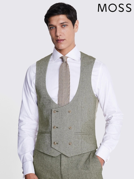 MOSS Sage Green Slim Fit Herringbone Tweed Waistcoat (B69830) | SGD 174