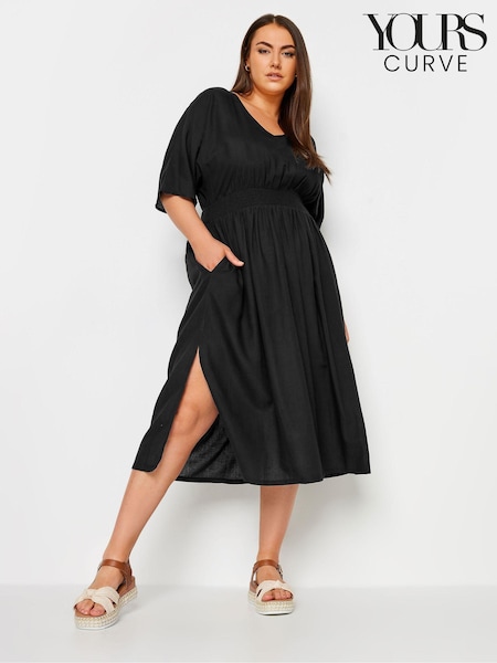 Yours Curve Black LIMITED COLLECTION Linen Shirred Midaxi Dress (B69852) | €40