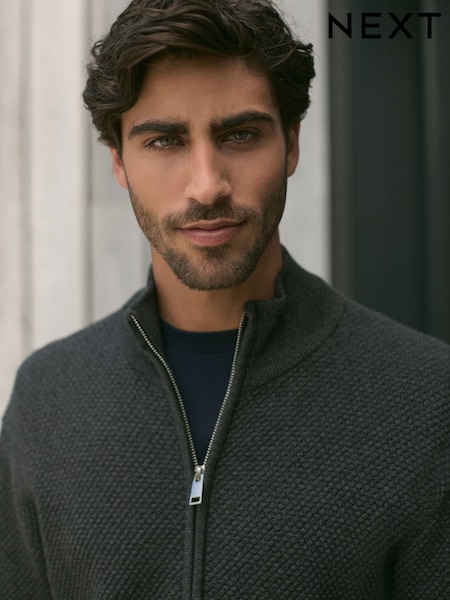 V barvi oglja - Regular Fit Texture 100% Cotton Premium Zip Through Jumper (B69862) | € 33