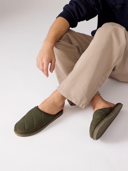 Khaki Green Quilted Borg Lined Mule Slippers (B69867) | €12