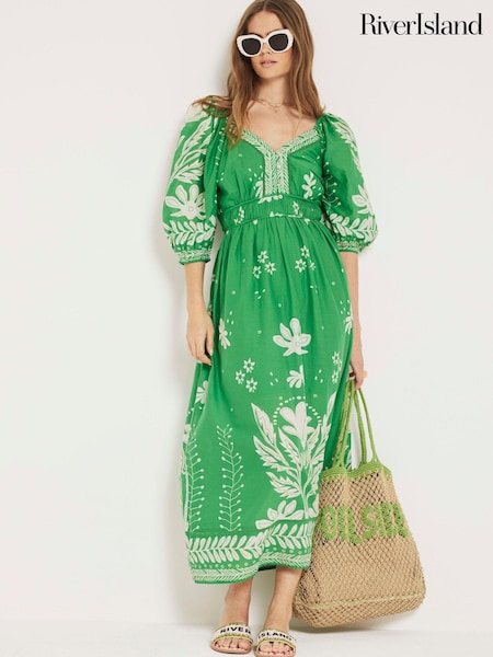 River Island Green Midi V-Neck Tea Dress (B69919) | €34