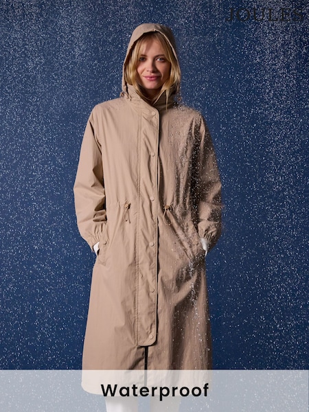 Joules Hensley Tan Brown Waterproof Longline Coat with Packable Hood (B69931) | R$ 980