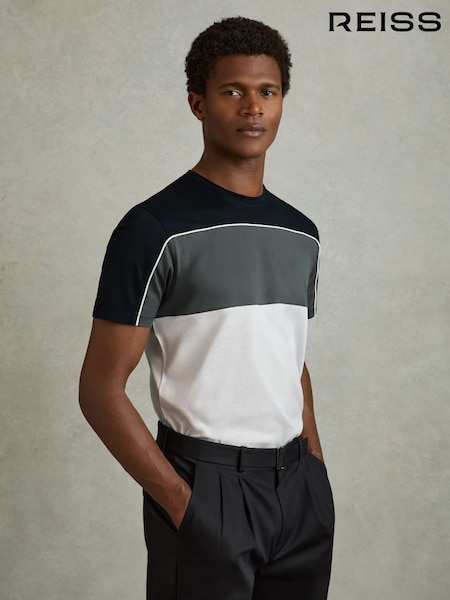 Reiss Navy/White Woods Mercerised Cotton Colourblock Crew Neck T-Shirt (B69946) | €40