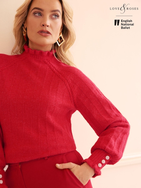 Roșu - Love & Roses Cozy Volănașe Mânecă lungă Pulover (B69961) | 219 LEI
