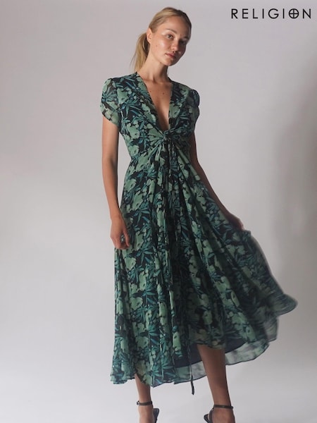Religion Green Delight Wrap Dress With Full Skirt (B70179) | $163