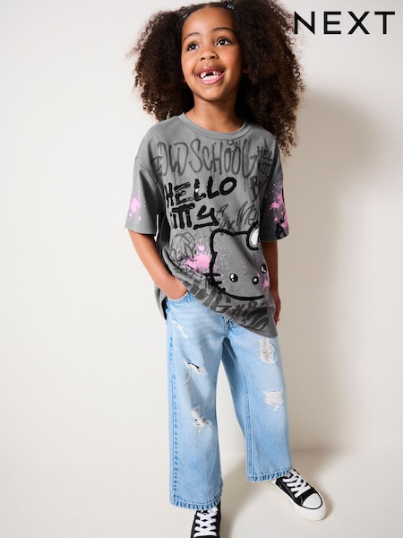 Grey 100% Cotton Graffiti Hello Kitty Oversized T-Shirt (3-16yrs) (B70279) | €7 - €10