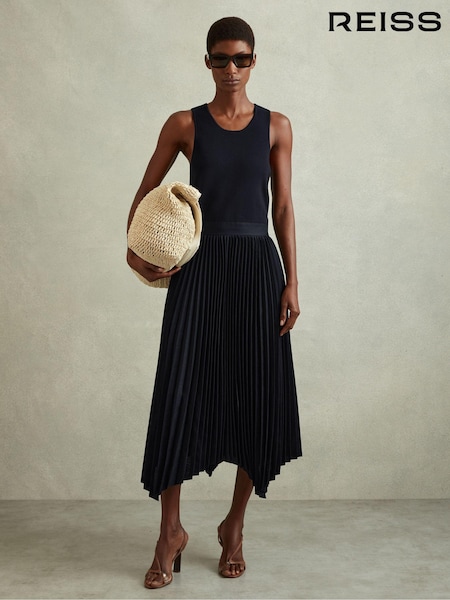 Reiss Navy Marnie Knit Hybrid Midi Dress (B70328) | €96
