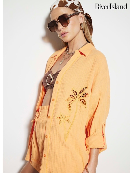 River Island Orange Palm Embroidered 100% Cotton Shirt (B70349) | €21.50