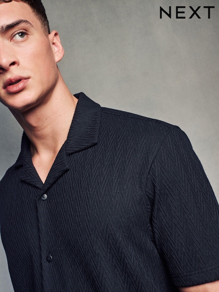 Black Zigzag Cuban Collar Textured Jersey Short Sleeve 100% Cotton Shirt (B70365) | €13