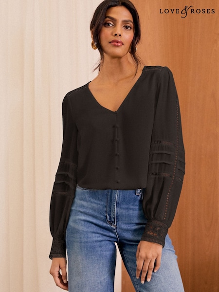 Love & Roses Black Lace Cuff V Neck Blouse (B70369) | €23