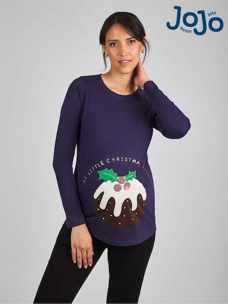 JoJo Maman Bébé Navy Blue Christmas Pudding Cotton Maternity Top (B70376) | $52