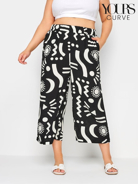 Yours Curve Black Black Abstract Print Wide Leg Cropped Trousers (B70385) | €29