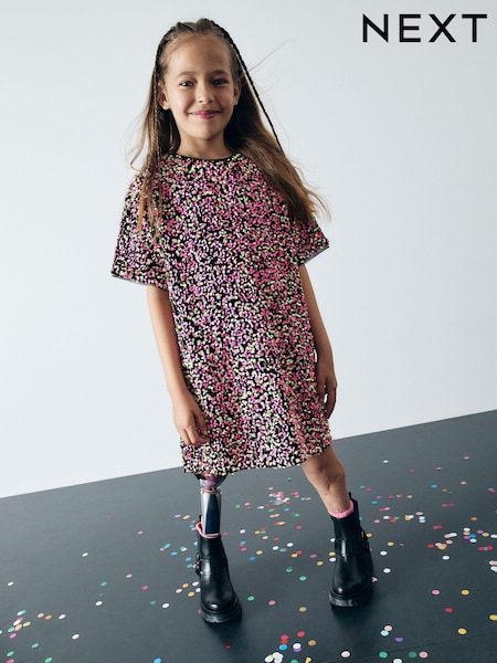 Pink/Green Velour Sequin Party Dress (3-16yrs) (B70432) | AED58 - AED73