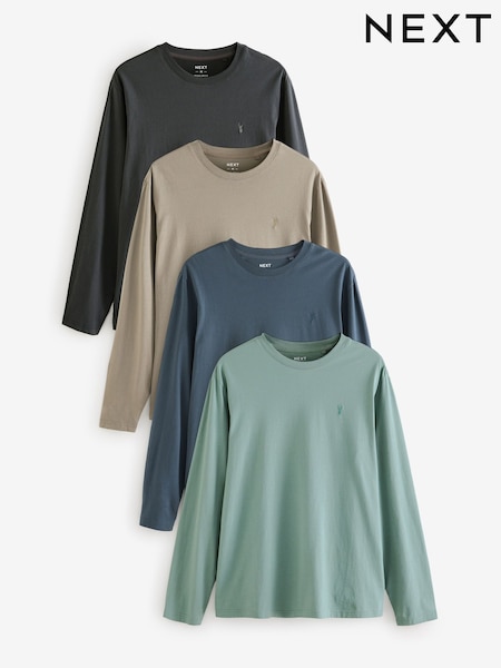 Charcoal/Blue/Green/Neutral Long Sleeve 100% Cotton T-Shirts 4 Pack (B70443) | €20