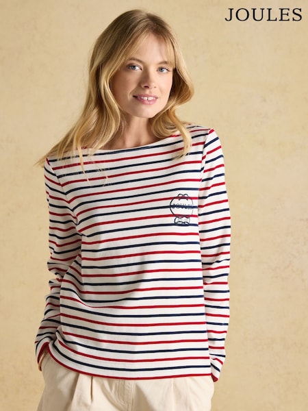 Joules Harbour Red, White & Blue Stripe Embroidered Boat Neck Breton Top (B70458) | €46