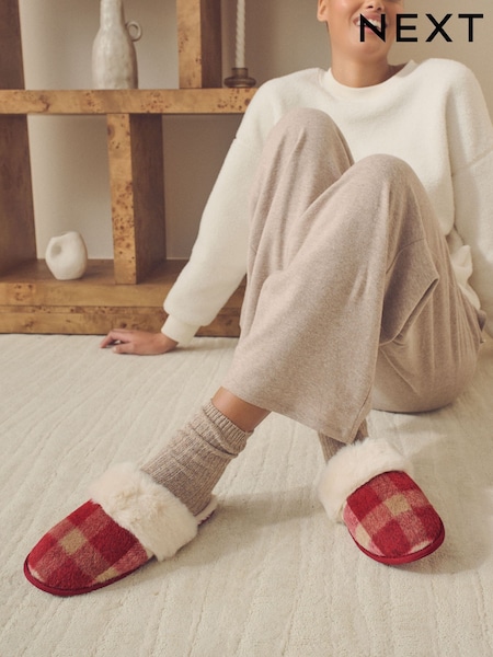 Berry Red Check Mule Slippers (B70481) | €9.50