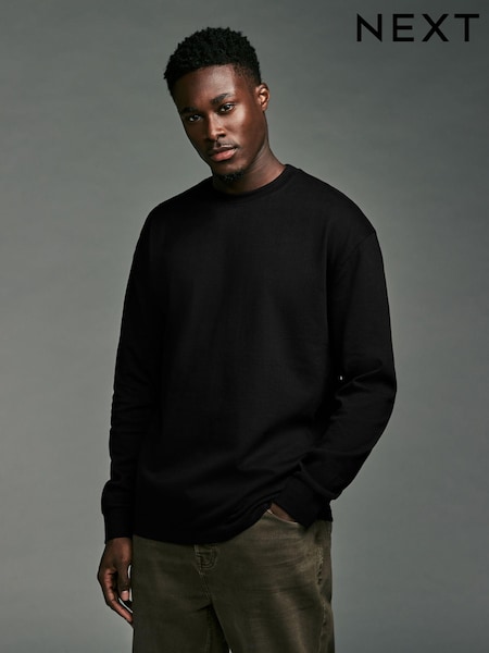 Black Relaxed Fit Long Sleeve Heavyweight 100% Cotton T-Shirt (B70537) | €19