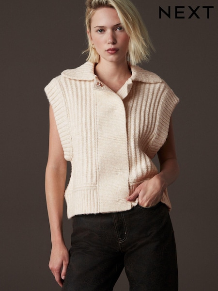 Valkoinen Ecru - Collared Button Up Sleeveless Knitted Gilet Jacket (B70593) | €40