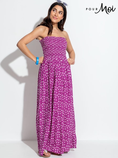 Pour Moi Purple Spot Strapless Shirred Bodice Woven Maxi Beach Dress (B70639) | €60
