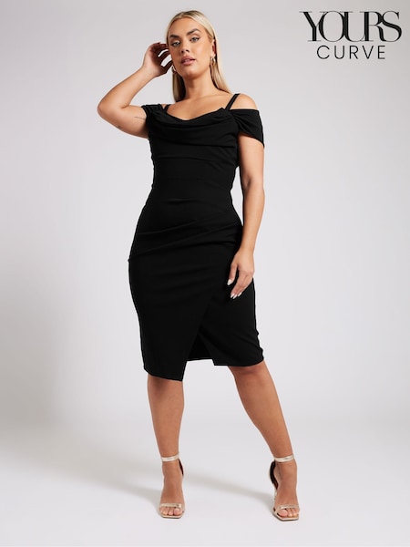 Yours Curve Black Cold Shoulder Ruched Tulip Hem Dress (B70774) | 247 QAR