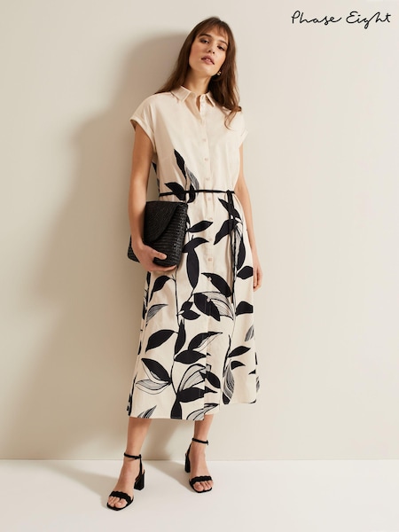 Phase Eight Black 100% Cotton Leaf Print Felicity Midi Dress (B70779) | €99