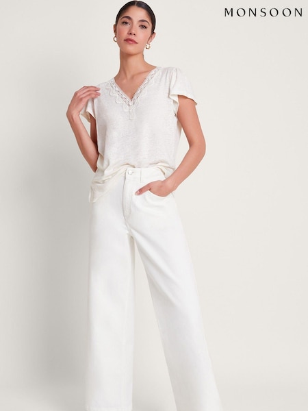Monsoon White Lace 100% Linen Lisa T-Shirt (B70957) | €32