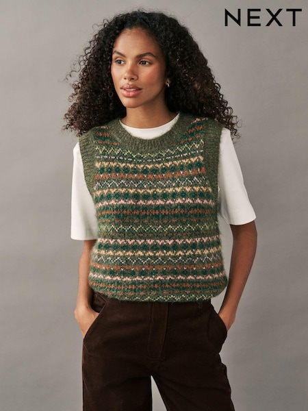 Зеленый хаки - Patterned Sleeveless Crew Neck Knitted Tank Vest Jumper Top (B71173) | €8
