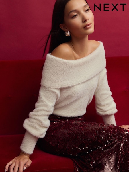 White Ecru Fluffy Off Shoulder Bardot Jumper (B71195) | AED30