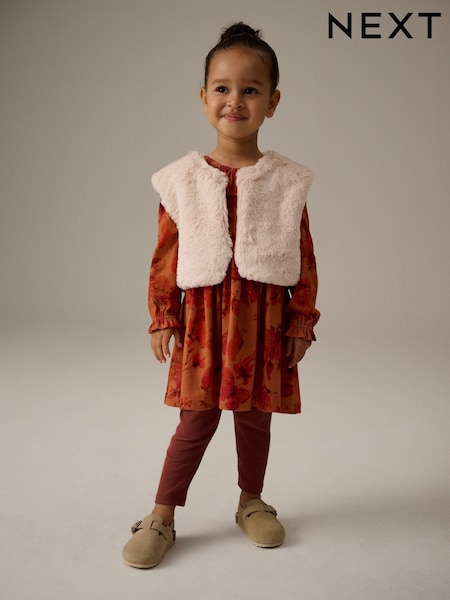 Rust Brown Long Sleeve 100% Cotton Dress with Gilet and Leggings Set (3mths-7yrs) (B71207) | AED71 - AED81