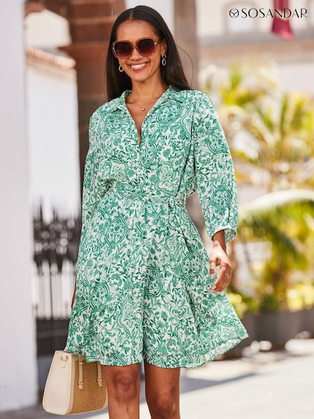 Sosandar Green Baroque Print Crinkle Shirt Dress (B71284) | ₪277