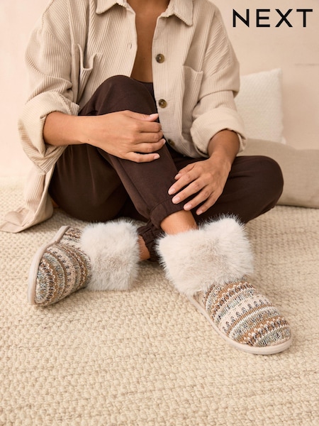 Нейтральный - Knitted Faux Fur Fairisle Pattern Boot Slippers (B71334) | €18