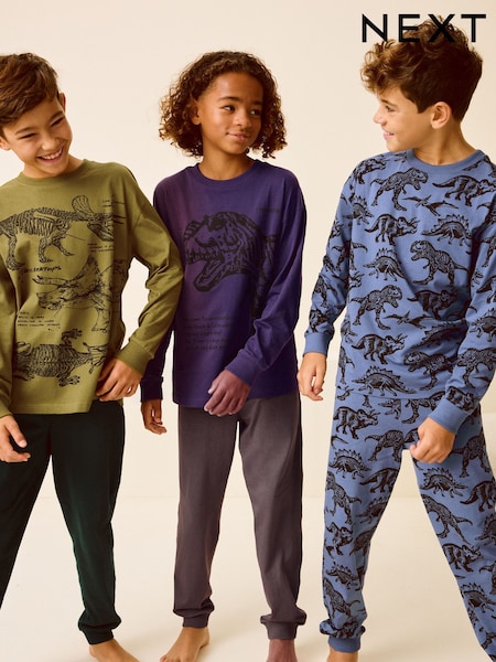 Olive Green/Blue/Purple Dinosaur 3 Pack 100% Cotton Long Sleeve Pyjamas (3-16yrs) (B71502) | € 26 - € 33
