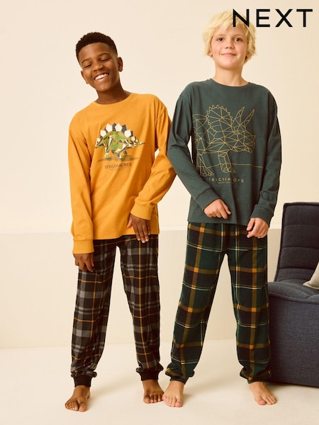 Ockergelbes Dino-Karo - Cosy Fleece Pyjamas 2 Pack (3-14yrs) (B71593) | 25 € - 35 €