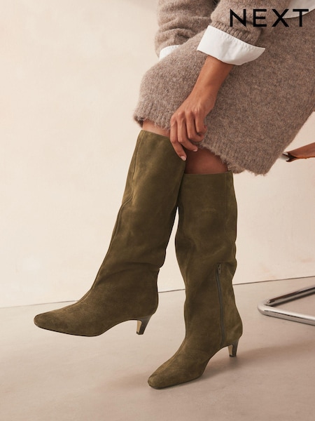 Khaki Green Suede Forever Comfort® Suede Knee High Heeled Boots (B71595) | kr1 084