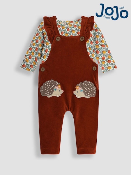 JoJo Maman Bébé Rust Orange Hedgehog Appliqué Velour Dungarees and Top Set (B71616) | AED163