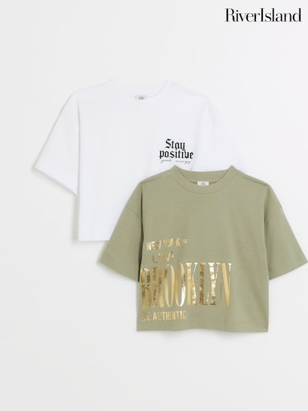 River Island Green Girls 100% Cotton Crop T-Shirts 2 Pack (B71741) | € 11