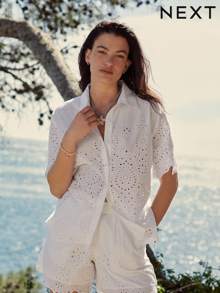 White Coord Broderie Short Sleeve 100% Cotton Shirt (B71818) | €30