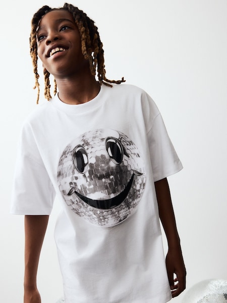 White Disco Smile Relaxed Fit 100% Cotton Short Sleeve Graphic T-Shirt (3-16yrs) (B71878) | 21 QAR - 29 QAR
