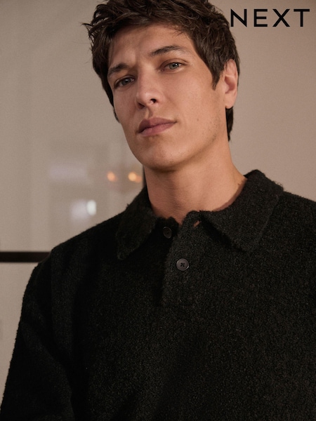 Black Relaxed Fit Bouclé Texture Polo Neck Jumper (B72068) | €21