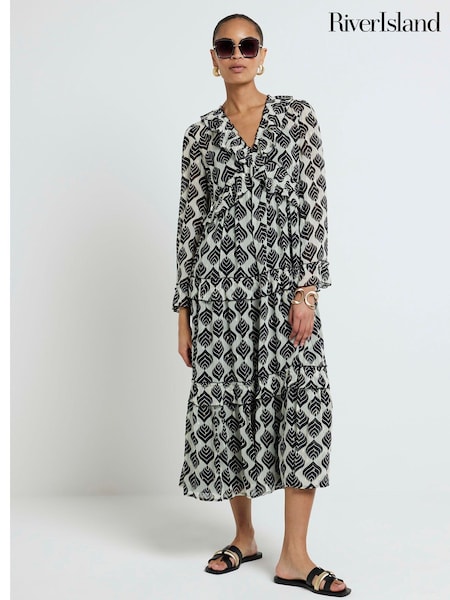 River Island Black 100% Cotton Frill Front Maxi Dress (B72069) | €41.50